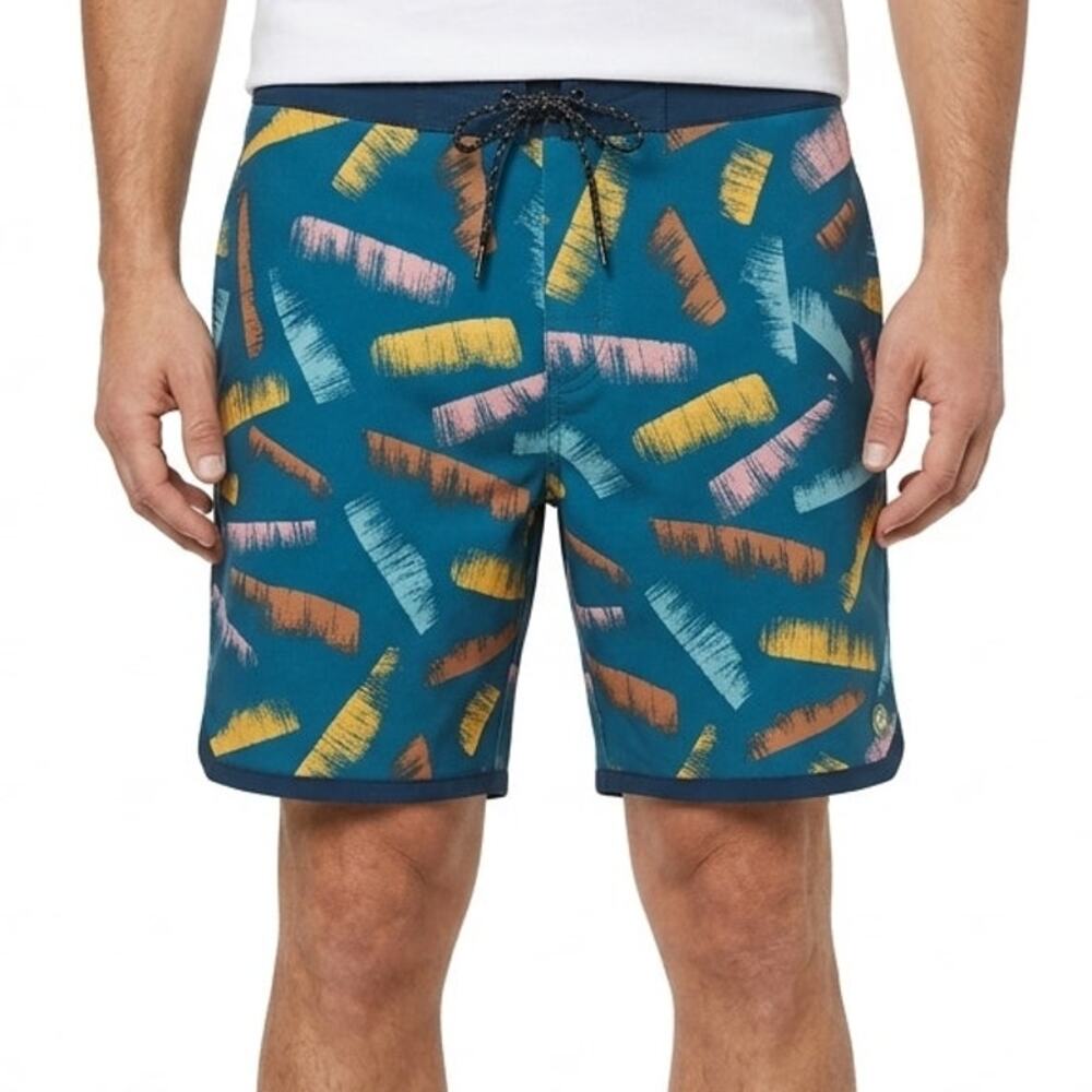 Outerknown Blue Pink Yellow Orange Brush Strokes Men's Swim Shorts Trunks sz 34